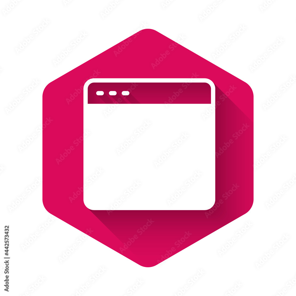 White Browser window icon isolated with long shadow background. Pink hexagon button. Vector White Browser window icon isolated with long shadow background. Pink hexagon button. Vector
