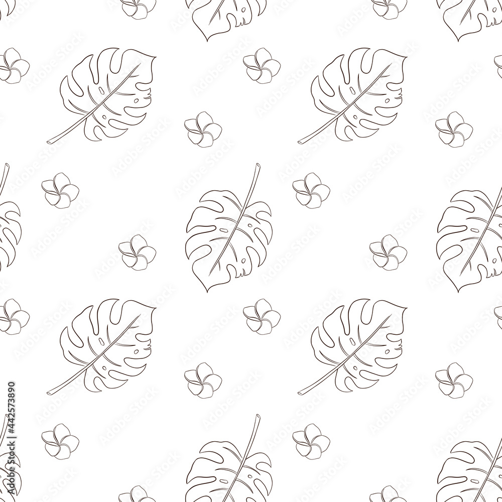 Tropical Flowers and Leaves Seamless Pattern. Hand drawn exotic floral illustration for background, wrapping paper, package, web, wallpaper, spa and beauty care products, fabric, textile Tropical Flowers and Leaves Seamless Pattern. Hand drawn exotic floral illustration for background, wrapping paper, package, web, wallpaper, spa and beauty care products, fabric, textile