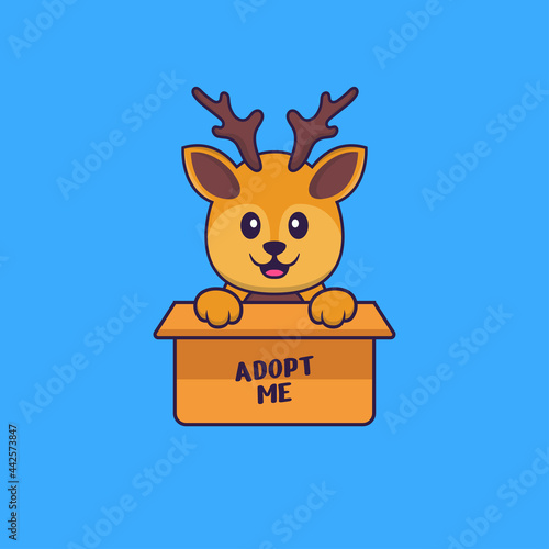 Cute deer in box with a poster Adopt me. Animal cartoon concept isolated. Can used for t-shirt, greeting card, invitation card or mascot. Flat Cartoon Style