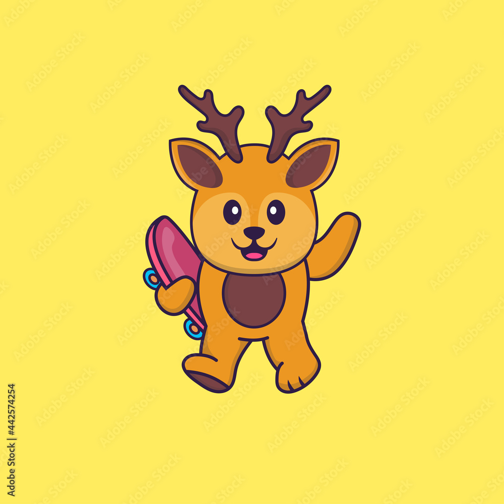 Cute deer holding a skateboard. Animal cartoon concept isolated. Can used for t-shirt, greeting card, invitation card or mascot. Flat Cartoon Style