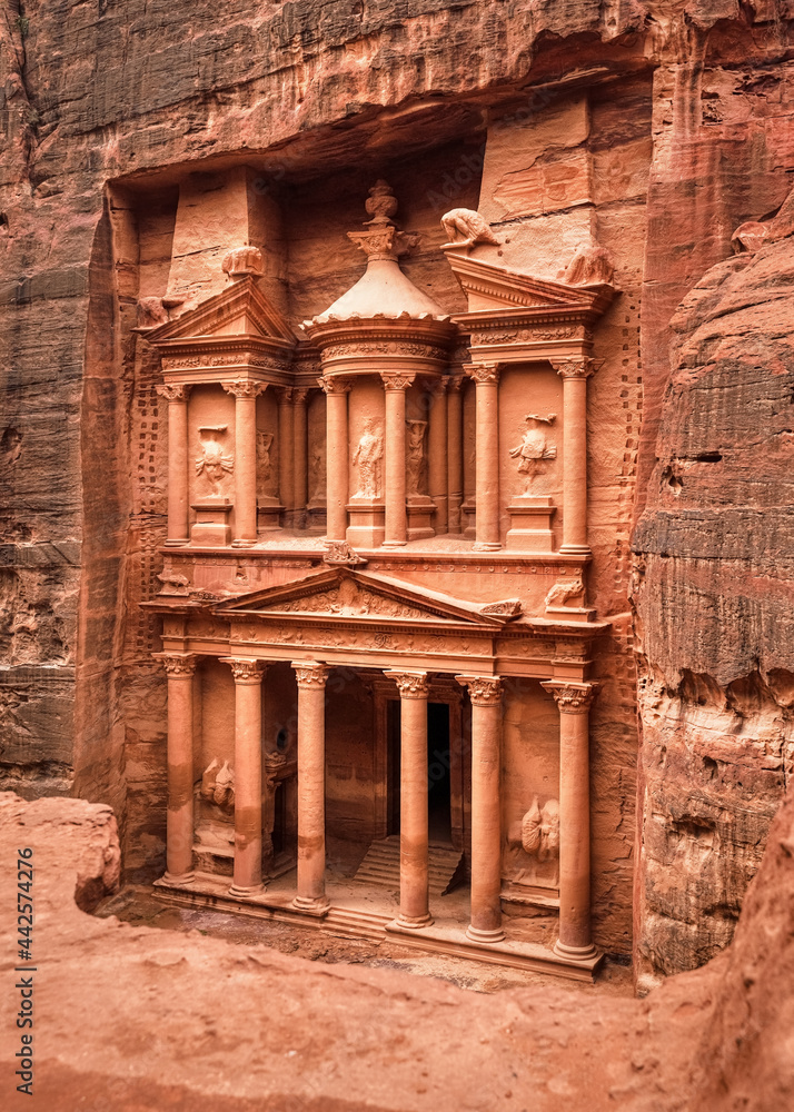 Front of Al-Khazneh Treasury temple carved in stone wall - main attraction in Lost city of Petra