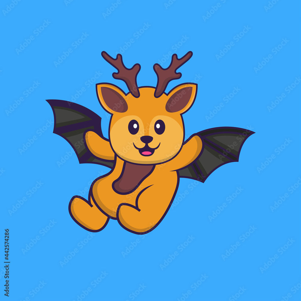 Cute deer is flying with wings. Animal cartoon concept isolated. Can used for t-shirt, greeting card, invitation card or mascot. Flat Cartoon Style Cute deer is flying with wings. Animal cartoon concept isolated. Can used for t-shirt, greeting card, invitation card or mascot. Flat Cartoon Style