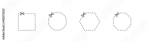 Coupon trim line icons set. Scissors icon. Vector line on white background