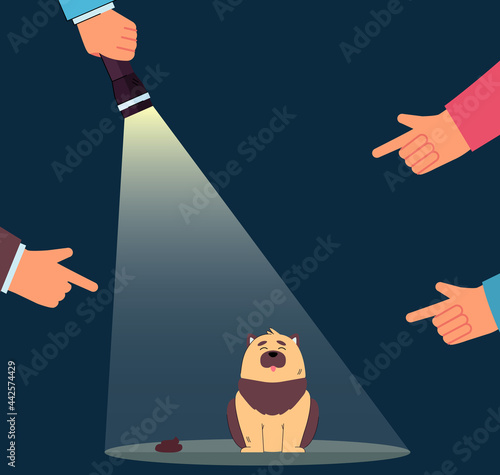 Fingers pointing at guilty dog flat vector illustration. Beam of flashlight aimed at pet making a mess on floor. Bad behavior, domestic animal concept for banner, website design or landing web page