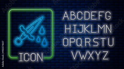 Glowing neon Sword with blood icon isolated on brick wall background. Medieval weapons knight and soldier. Symbol of murder. Neon light alphabet. Vector