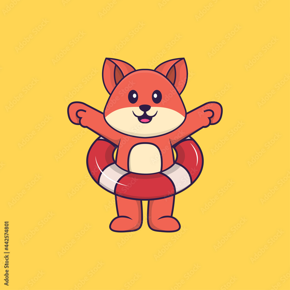 Cute fox using a float. Animal cartoon concept isolated. Can used for t-shirt, greeting card, invitation card or mascot. Flat Cartoon Style Cute fox using a float. Animal cartoon concept isolated. Can used for t-shirt, greeting card, invitation card or mascot. Flat Cartoon Style