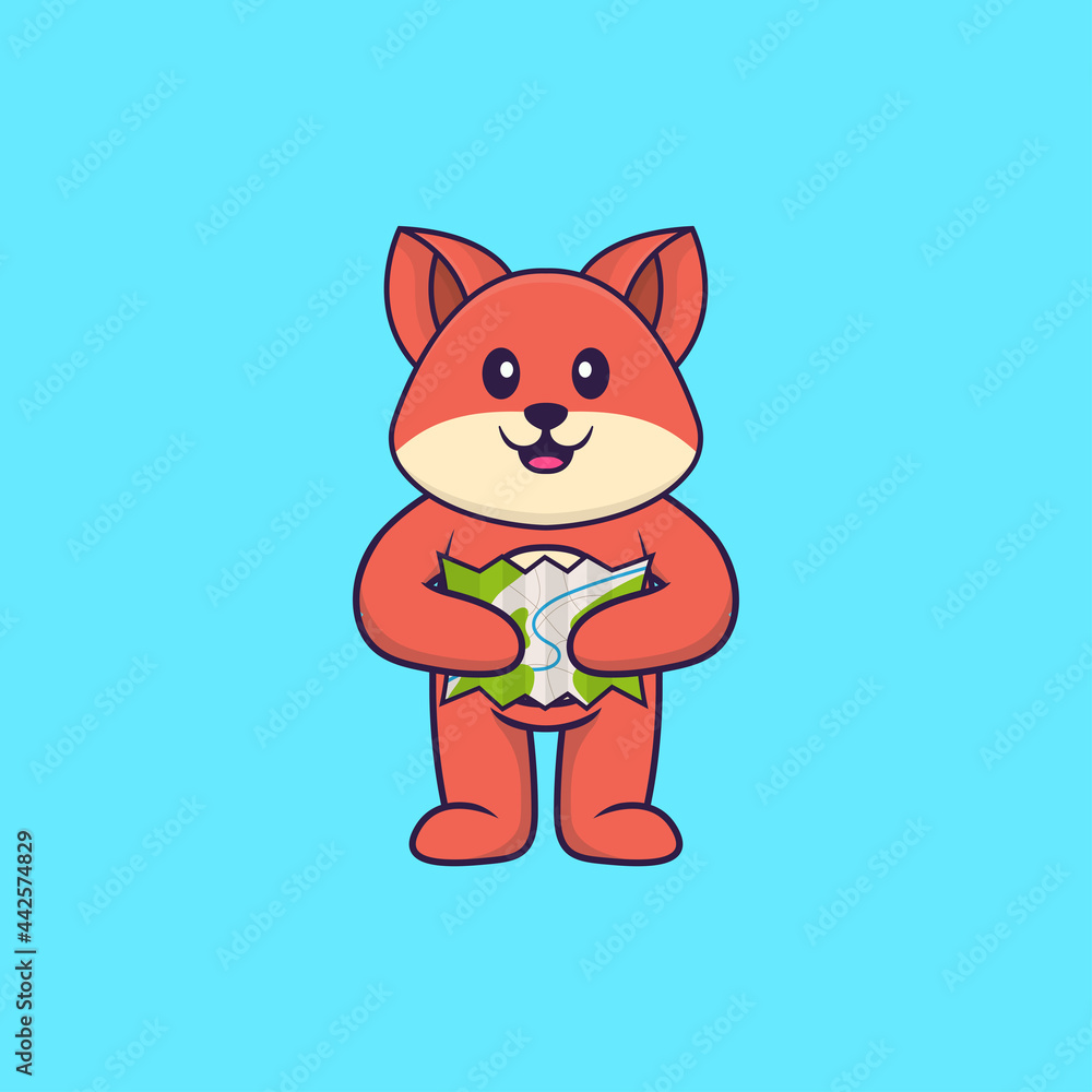 Cute fox holding a map. Animal cartoon concept isolated. Can used for t-shirt, greeting card, invitation card or mascot. Flat Cartoon Style