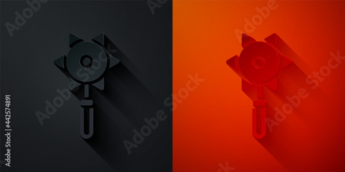 Paper cut Medieval chained mace ball icon isolated on black and red background. Medieval weapon. Paper art style. Vector