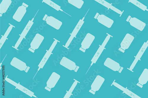 Syringes and medicine bottle. Turquoise color pattern, background, banner. Pharmaceuticals, vaccine for Treatment of diseases, epidemics, infections, virus. Colorful flat isolated vector illustration.