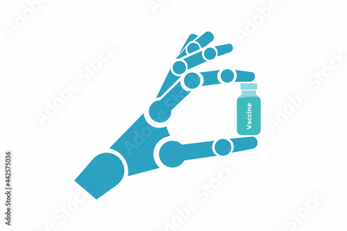 Mechanical robot hand holds medicine  pharmaceuticals  vaccine bottle in forefinger and thumb on blue background. Artificial intelligence in medicine future. Colorful flat isolated vector illustration