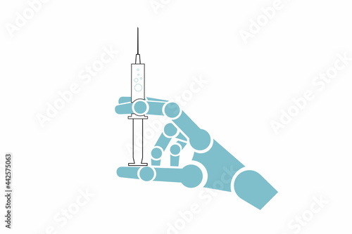 Mechanical robot hand holds syringe with vaccine, medicine pharmaceuticals, hypodermic on white background. Smart artificial intelligence in medicine future. Color flat isolated vector illustration. 