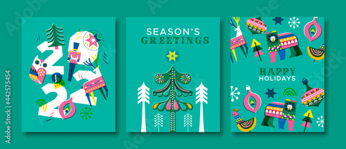 2022 Holiday card set of retro winter folk animal