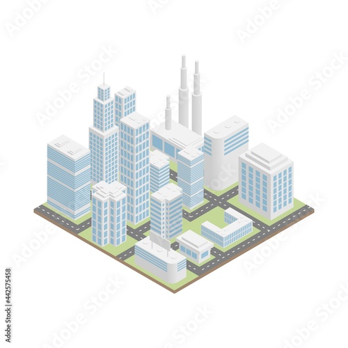 White isometric city. Skyscrapers and houses.