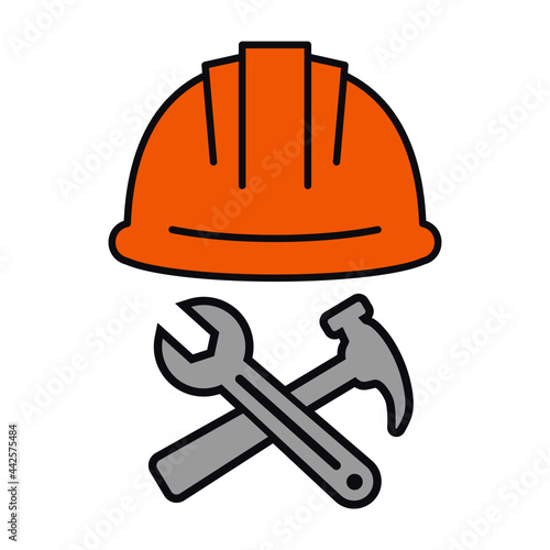 Construction site helmet wrench hammer maintenance icon