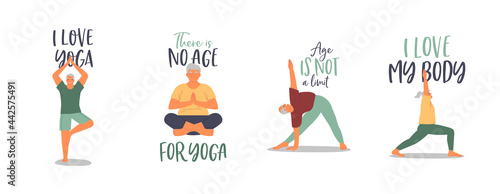 Old people yoga fitness motivation quote set