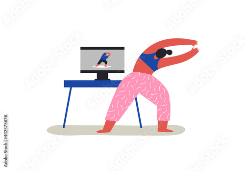 Woman doing virtual yoga class at home cartoon