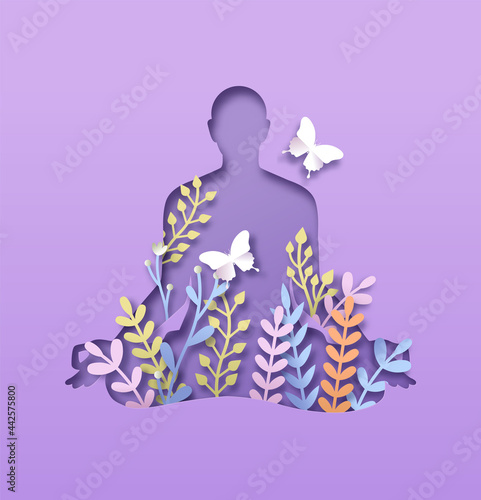 Paper cut yoga lotus pose nature leaf meditation