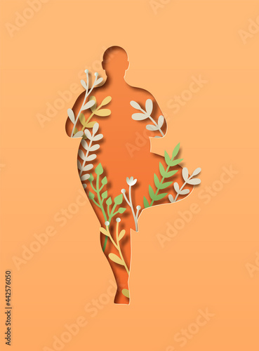 Fat people yoga tree pose nature leaf paper cut
