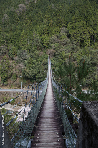 山間の小さなつり橋のある風景