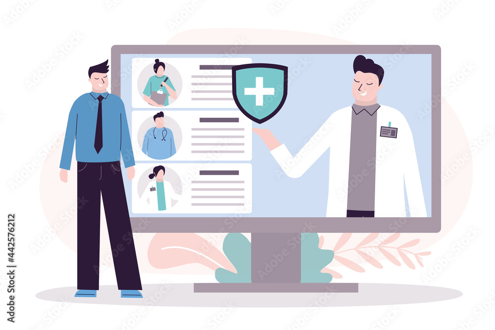Patient chooses specialist on computer screen. Male doctor helps with choosing physician. Portraits of different doctors and nurses. Concept of online searching Patient chooses specialist on computer screen. Male doctor helps with choosing physician. Portraits of different doctors and nurses. Concept of online searching