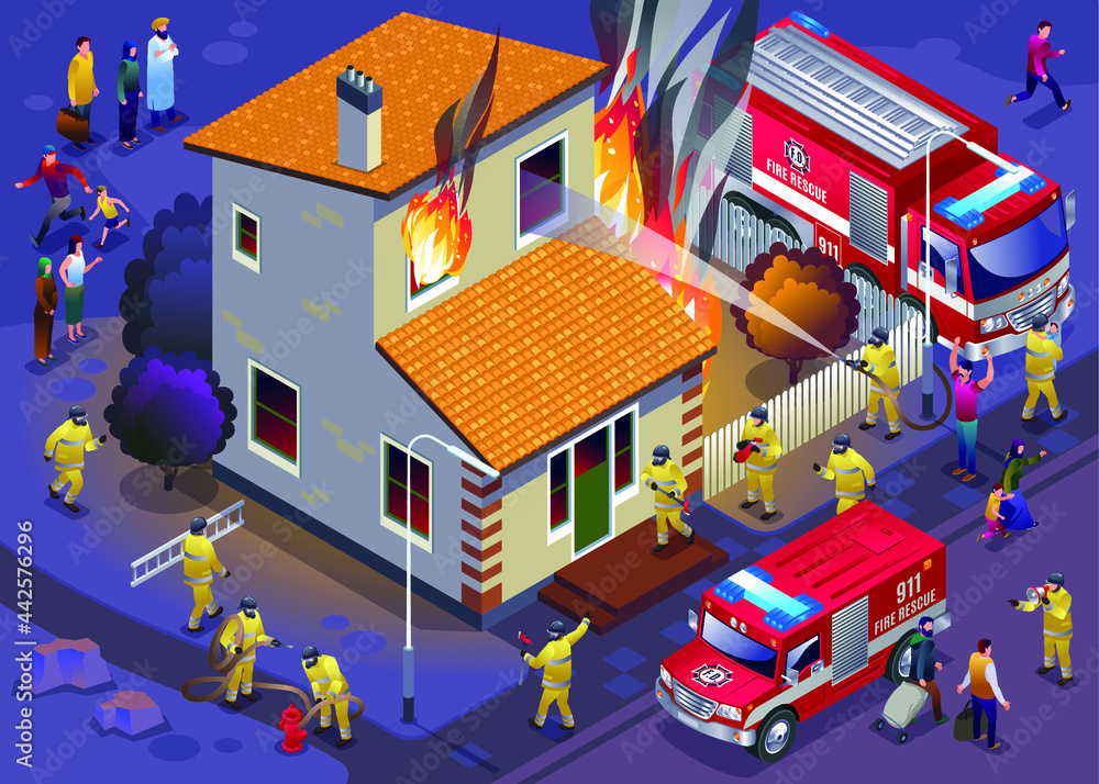 Firefighters rescue extinguish a fire in a cottage isometric icons on isolated background
