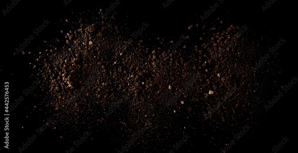 Pile of soil isolated on black background and texture, top view