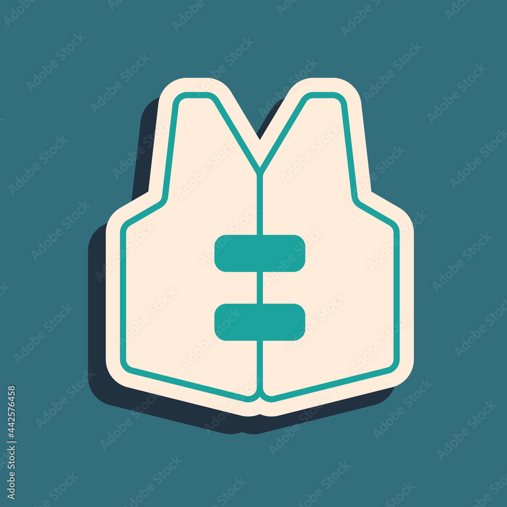 Green Life jacket icon isolated on green background. Life vest icon. Extreme sport. Sport equipment. Long shadow style. Vector