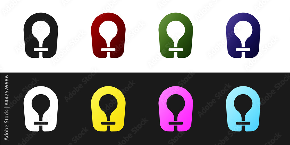 Set Life jacket icon isolated on black and white background. Life vest icon. Extreme sport. Sport equipment. Vector Set Life jacket icon isolated on black and white background. Life vest icon. Extreme sport. Sport equipment. Vector