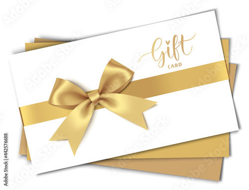 Decorative white gift card design template with gold bow and ribbon. Vector illustration	