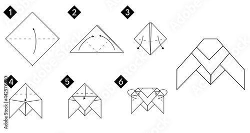 Step by step how to make origami  Cicada. Vector monochrome instructions illustration. Black and white paper insect DIY.