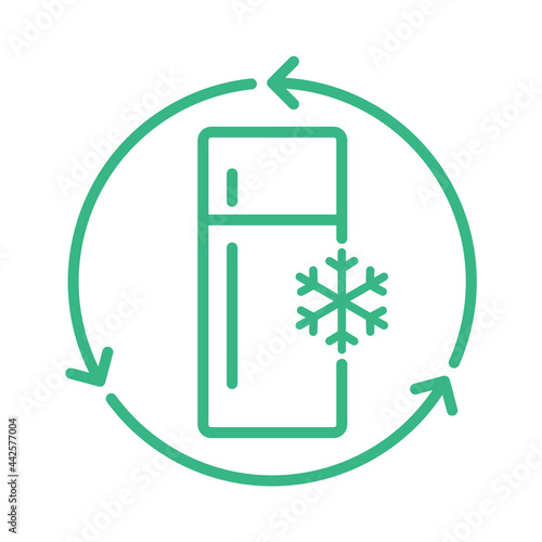 Recycle refrigerator. Recycled home appliances. Fridge with freezer inside green circle arrows. Zero waste. Sustainable lifestyle. Reusable waste materials. Buyback. Vector illustration, flat,clip art
