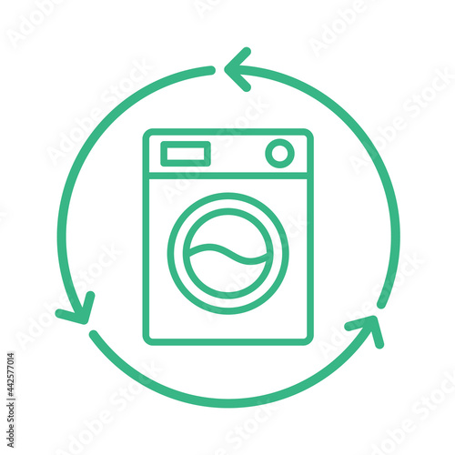 Recycle washing machine. Recycled home appliances. Washing machine inside green circle arrows. Zero waste. Sustainable lifestyle. Reusable waste materials. Buyback. Vector illustration, flat, clip art photo