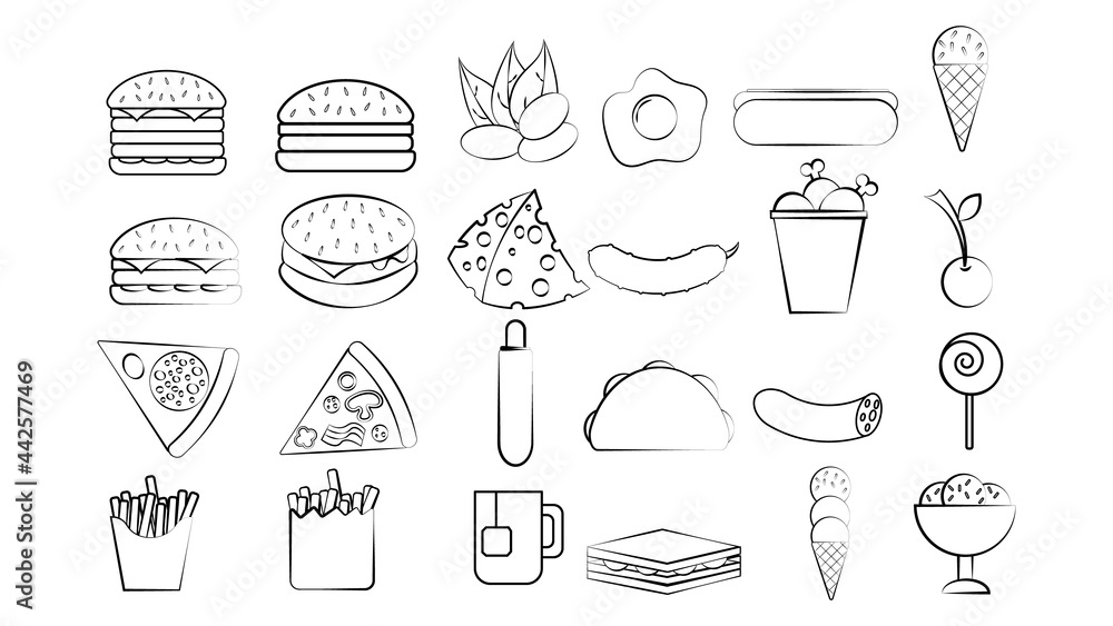 Black and white set of 28 food and snack items icons for restaurant bar cafe: burger, nuts, egg, sausage, ice cream, pizza, burrito, candy, tea. The background