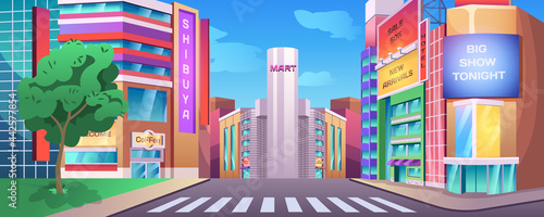Urban street landscape with crossroad, sidewalk and buildings with sign boards of shops, coffee house and restaurants cartoon vector illustration. Town cityscape with empty road, pavement and cafes.