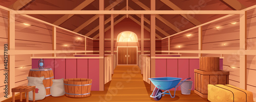 Horse stable interior or barn for animals. Farm house inside view. Empty wooden ranch with stalls, haystacks, sacks, gate and window under roof. Countryside building cartoon vector illustration.