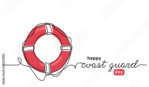 Red lifebuoy one line art illustration. Coast Guard Day vector background, banner, poster with lettering coast guard