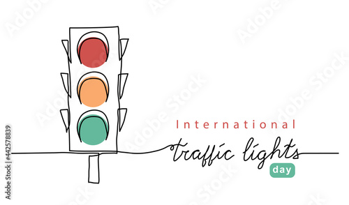 International traffic lights day vector background, banner, poster with lettering traffic lights. Semaphore one line art illustration