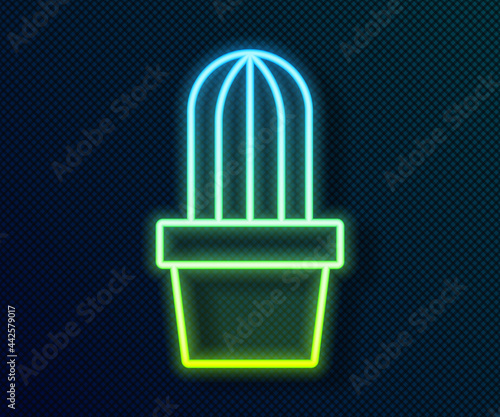 Glowing neon line Cactus and succulent in pot icon isolated on black background. Plant growing in a pot. Potted plant sign. Vector