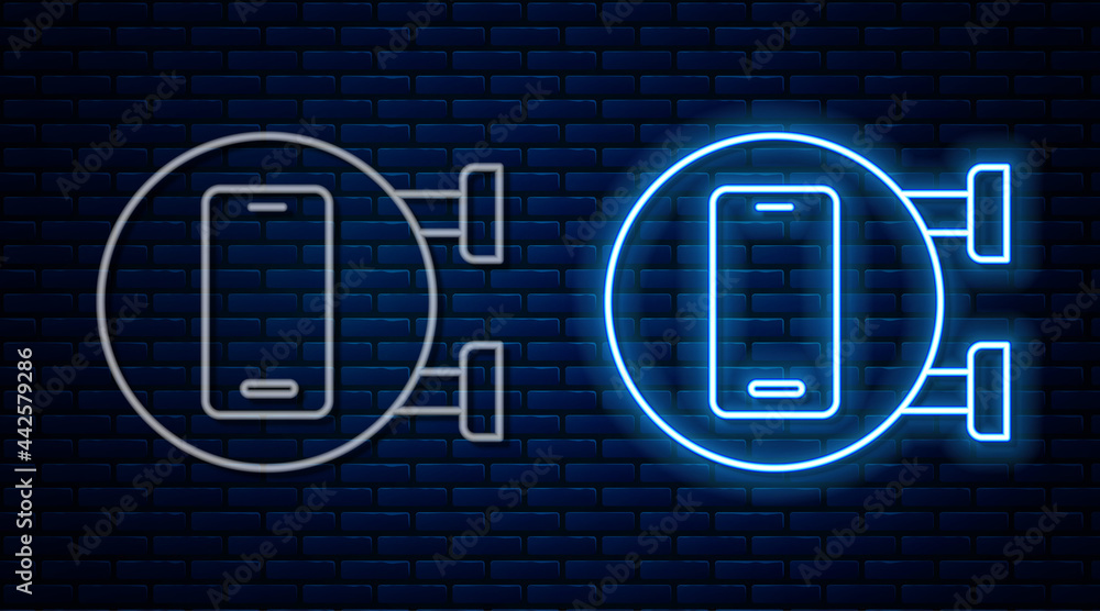 Glowing neon line Phone repair service icon isolated on brick wall background. Adjusting, service, setting, maintenance, repair, fixing. Vector