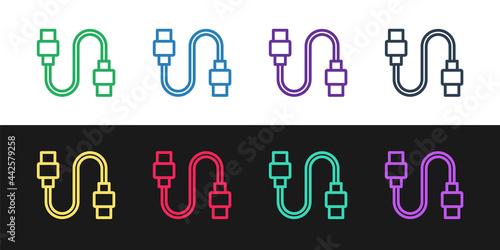 Set line USB cable cord icon isolated on black and white background. Connectors and sockets for PC and mobile devices. Vector