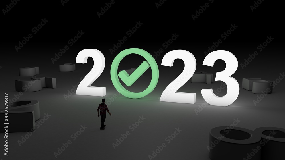 3D illustration of the number 2023 with Check mark icon with and man walking towards it 3D illustration of the number 2023 with Check mark icon with and man walking towards it