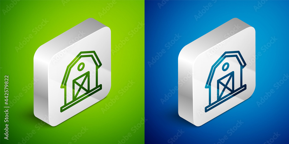 Isometric line Farm house icon isolated on green and blue background. Silver square button. Vector Isometric line Farm house icon isolated on green and blue background. Silver square button. Vector