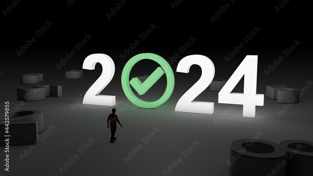 3D illustration of the number 2024 with Check mark icon with and man walking towards it 3D illustration of the number 2024 with Check mark icon with and man walking towards it