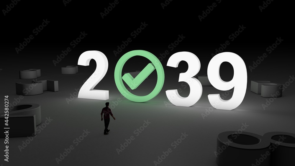 3D illustration of the number 2039 with Check mark icon with and man walking towards it 3D illustration of the number 2039 with Check mark icon with and man walking towards it