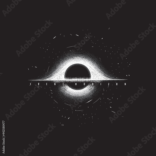 Original monochrome vector illustration.  Black hole, event horizon, stars.