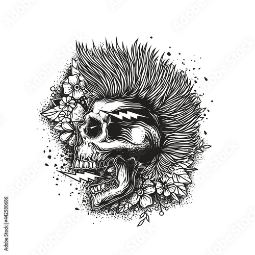 Original monochrome vector illustration. A skull with an open mouth and a punk-rock hairstyle on a floral pattern background. T-shirt design, stickers, print.