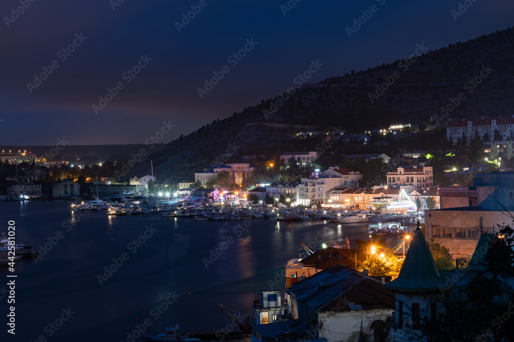 Crimea Balaclava. The view at night of the city from the mountains.