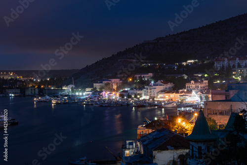 Crimea Balaclava. The view at night of the city from the mountains.