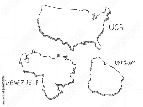 3 America 3D Map is composed United State of America  Uruguay and Venezuela. All hand drawn on white background.