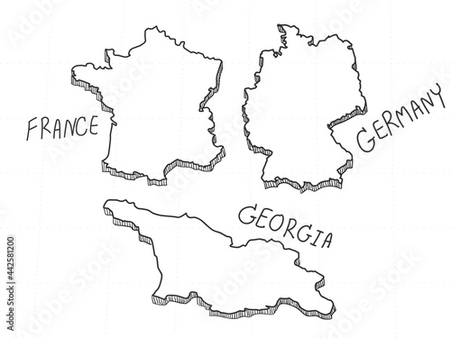 3 Europe 3D Map is composed Germany, France and Georgia. All hand drawn on white background.